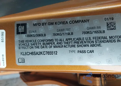 2019 Chevrolet Spark Activ Cvt z USA, uszkodzony, nr VIN KL8CH6SA2KC765512